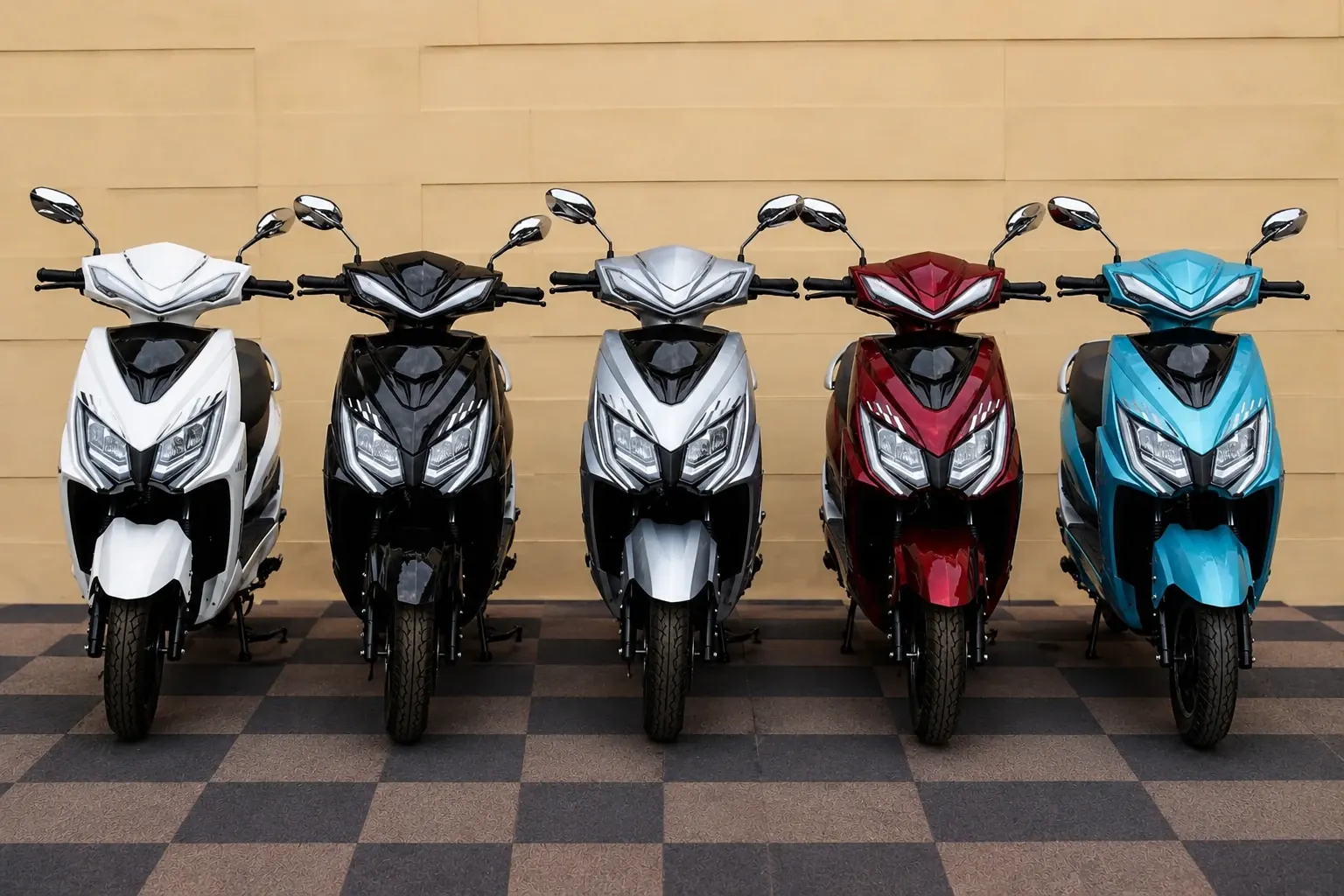 A row of SIROS scooters in five colours