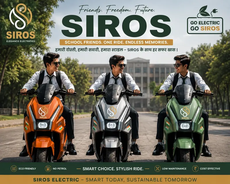 Three school friends riding SIROS E4 scooters in orange, silver and green