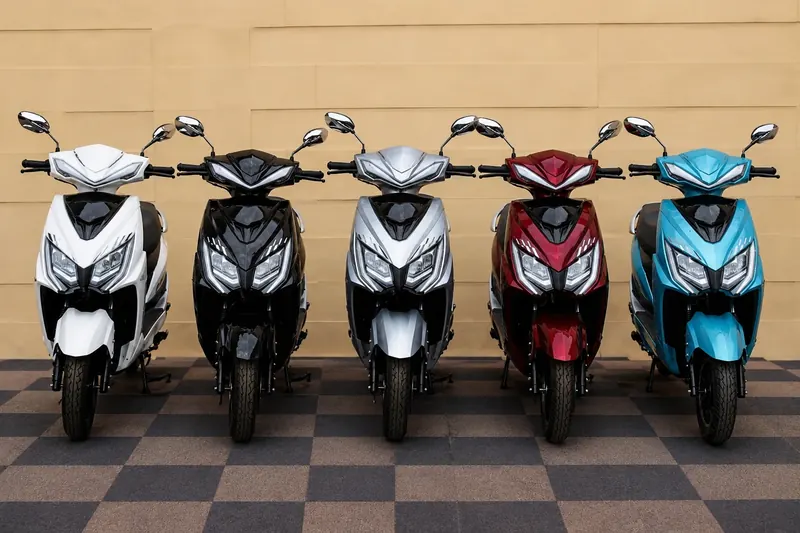 A row of SIROS scooters in white, black, silver, red and blue on a showroom floor