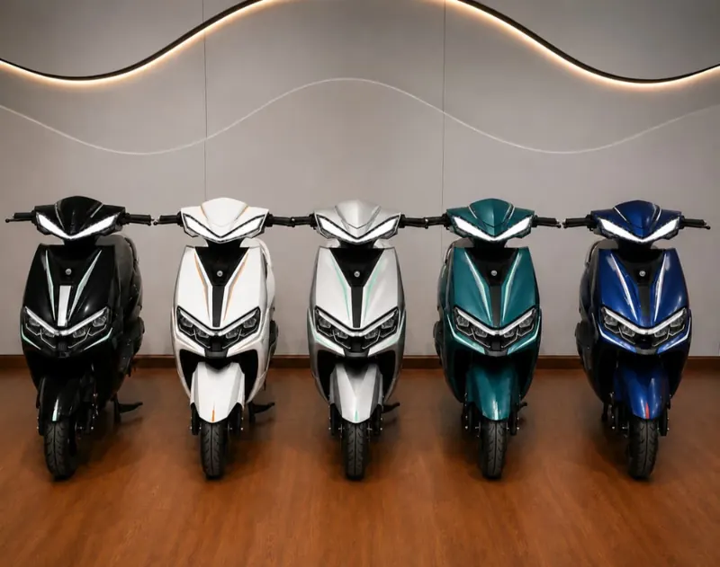 A row of SIROS scooters in five colours